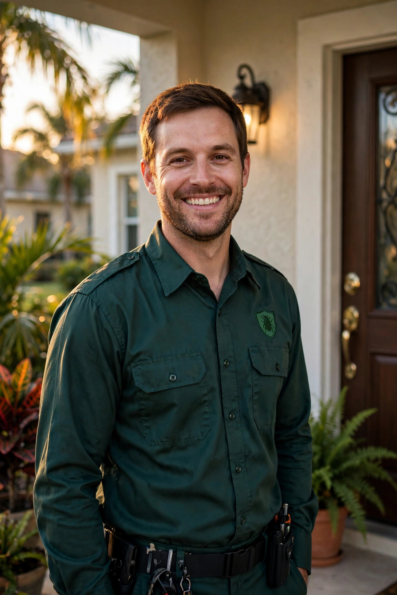 Orlando Pest Pros technician smiling in uniform in front of a Florida home